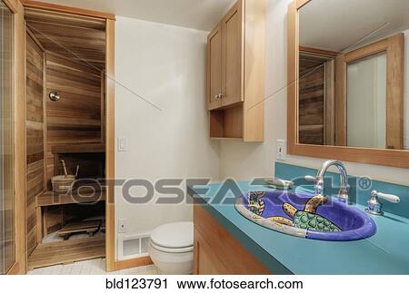 Stock Image - Sauna room in modern bathroom. Fotosearch