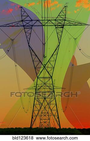 Silhouette of power line against colorful sky View Large Photo Image Stock Photo - Silhouette of power line against colorful sky. Fotosearch