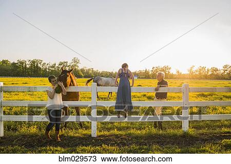 Caucasian family petting horses in rural landscape View Large Photo Image Stock Image - Caucasian family petting horses in rural landscape. Fotosearch