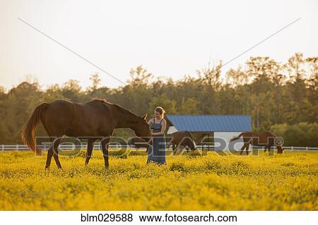 Stock Photo - Caucasian girl petting horse in field. Fotosearch