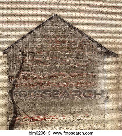 Stock Image - Outline of house on brick wall. Fotosearch