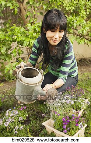 Stock Photo - Woman watering flowers outdoors. Fotosearch