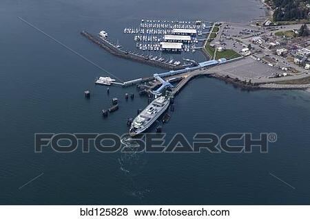 Stock Photo - Aerial view of ferry terminal in Seattle harbor, Seattle, Washington, United States. Fotosearch