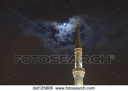 Full moon over tower of Blue Mosque at night, Istanbul, Turkey View Large Photo Image Stock Photo - Full moon over tower of Blue Mosque at night, Istanbul, Turkey. Fotosearch