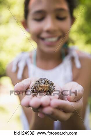 Mixed race girl holding frog outdoors View Large Photo Image Stock Image - Mixed race girl holding frog outdoors. Fotosearch