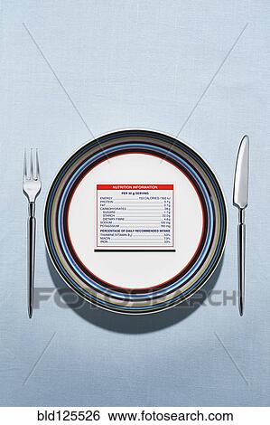 Stock Photograph - Nutrition label on plate in table setting. Fotosearch