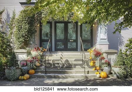 Pumpkins and potted plants on front steps of house View Large Photo Image Stock Image - Pumpkins and potted plants on front steps of house. Fotosearch