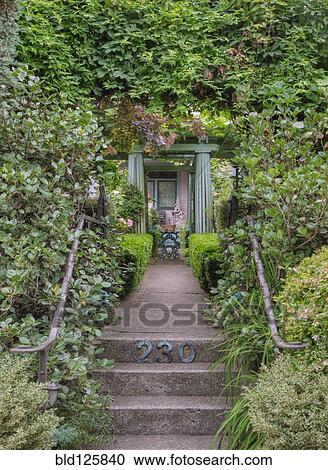 Stock Image - Steps in lush garden. Fotosearch