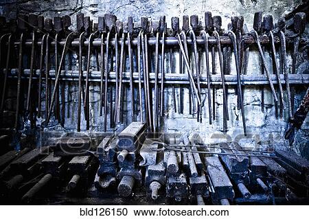 Stock Image - Tools on bench in workshop. Fotosearch