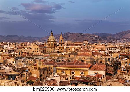 Stock Photograph - Cityscape at sunrise, Palermo, Sicily, Italy. Fotosearch