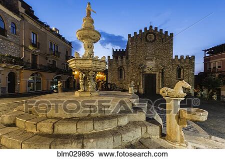 Fountain and Fortress Duomo, Taormina, Sicily, Italy View Large Photo Image Stock Photography - Fountain and Fortress Duomo, Taormina, Sicily, Italy. Fotosearch