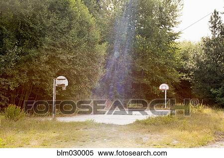 Stock Photography - Sun shining on overgrown basketball court. Fotosearch