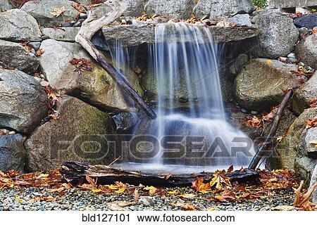 Autumn leaves around waterfall feature View Large Photo Image Stock Image - Autumn leaves around waterfall feature. Fotosearch