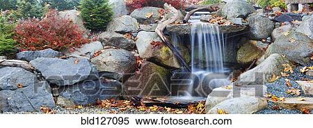 Autumn leaves around waterfall feature View Large Photo Image Stock Photography - Autumn leaves around waterfall feature. Fotosearch