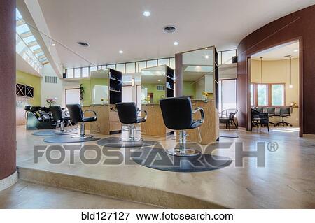 Chairs and stations in empty beauty salon View Large Photo Image Stock Photo - Chairs and stations in empty beauty salon. Fotosearch