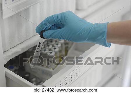 Stock Image - Lab technician holding test tube from freezer in laboratory close-up of hand. Fotosearch