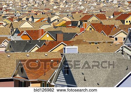 Stock Image - Rooftops in suburban development, Colorado Springs, Colorado, United States. Fotosearch