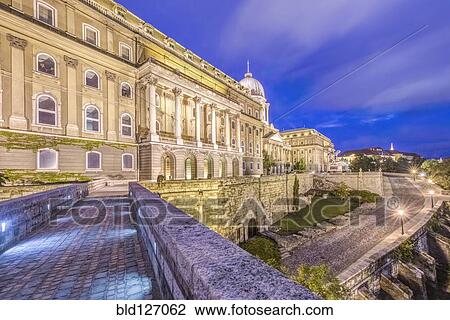 Stock Image - Royal Palace illuminated at dusk, Budapest, Hungary. Fotosearch