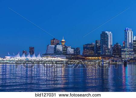Waterfront skyline illuminated at night, Vancouver, British Columbia, Canada, View Large Photo Image Stock Image - Waterfront skyline illuminated at night, Vancouver, British Columbia, Canada, . Fotosearch