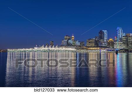 Waterfront skyline illuminated at night, Vancouver, British Columbia, Canada, View Large Photo Image Stock Image - Waterfront skyline illuminated at night, Vancouver, British Columbia, Canada, . Fotosearch