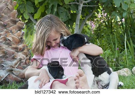 young girl geting kissed by dog in garden View Large Photo Image Stock Image - young girl geting kissed by dog in garden. Fotosearch