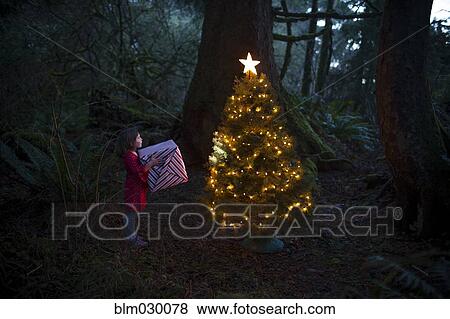 Stock Photo - Caucasian girl by Christmas tree in forest. Fotosearch