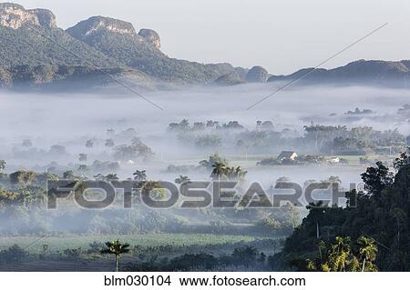 Picture - Fog rolling over rural valley, Vinales, Pinar del Rio, Cuba. Fotosearch