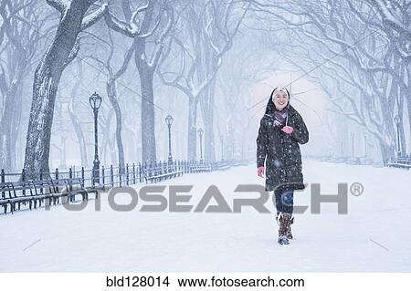 Asian woman walking in snowy Central Park, New York City, New York, United States View Large Photo Image Picture - Asian woman walking in snowy Central Park, New York City, New York, United States. Fotosearch