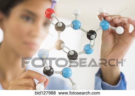 Stock Photo - Hispanic scientist examining molecular model. Fotosearch