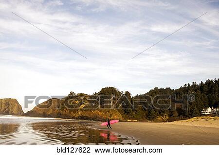 Stock Image - Surfer carrying board on beach. Fotosearch