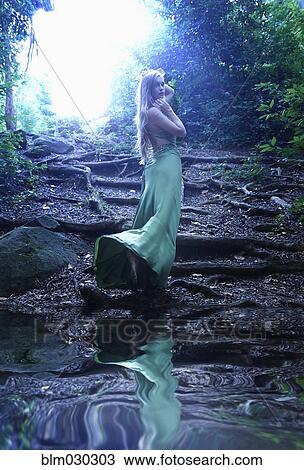 Stock Image - Caucasian woman walking in forest. Fotosearch