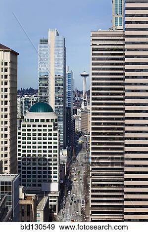 Stock Photo - Aerial view of skyscrapers in downtown Seattle, Washington, United States. Fotosearch