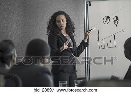Stock Photo - Businesswoman talking to colleagues in meeting. Fotosearch