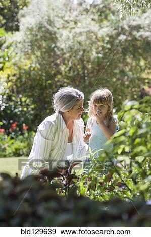 Grandmother and granddaughter in garden View Large Photo Image Stock Photo - Grandmother and granddaughter in garden. Fotosearch