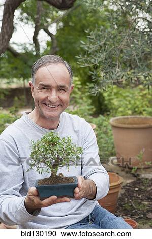 Stock Image - Man holding potted bonsai tree. Fotosearch