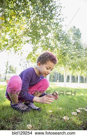 Picture - Mixed race girl examining mushrooms outdoors. Fotosearch