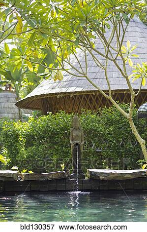 Statue fountain emptying into tropical pool View Large Photo Image Stock Photo - Statue fountain emptying into tropical pool. Fotosearch