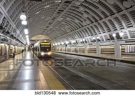 Stock Photo - Train pulling into station, Seattle, Washington, United States. Fotosearch