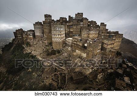 Stock Image - Aerial view of Al Hajjarah, Sanaa, Yemen. Fotosearch