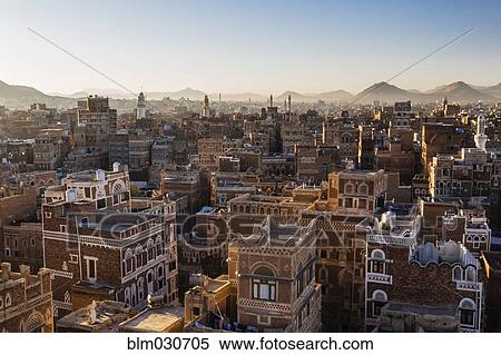 Stock Photography - Aerial view of Sanaa skyline at sunrise, Yemen. Fotosearch