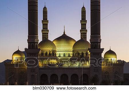 Stock Photo - Al Saleh Mosque lit up at dawn, Sanaa, Yemen. Fotosearch