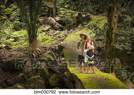 Stock Image - Caucasian family exploring jungle. Fotosearch