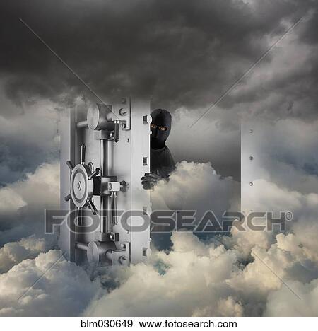 Caucasian robber opening bank vault in clouds View Large Photo Image Stock Photo - Caucasian robber opening bank vault in clouds. Fotosearch