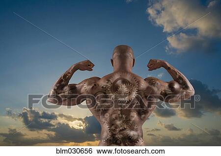 Stock Photograph - Gears reflected on Black man's muscles. Fotosearch