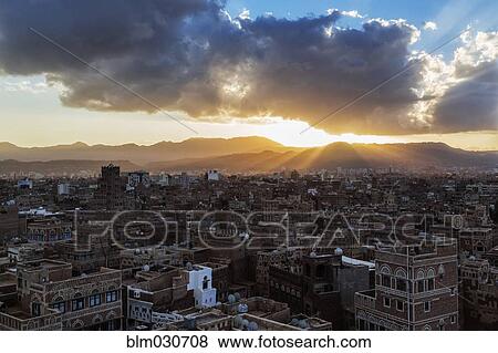 View of Sanaa skyline at sunset, Yemen View Large Photo Image Stock Photo - View of Sanaa skyline at sunset, Yemen. Fotosearch