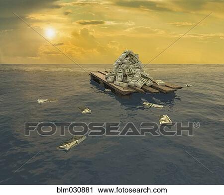 Stack of cash floating away on raft View Large Photo Image Stock Image - Stack of cash floating away on raft. Fotosearch