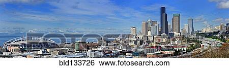 Stock Photograph - Aerial panorama of Seattle city skyline, Washington, United States. Fotosearch