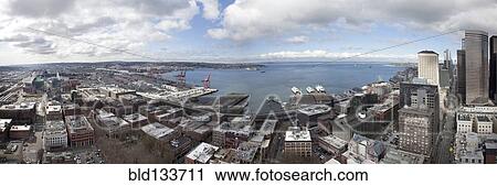 Stock Image - Aerial panoramic view of Seattle cityscape, Washington, United States. Fotosearch