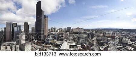 Stock Image - Aerial panoramic view of Seattle cityscape, Washington, United States. Fotosearch