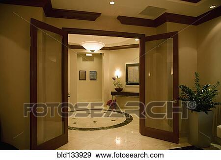 Double doors to lobby area View Large Photo Image Stock Photo - Double doors to lobby area. Fotosearch